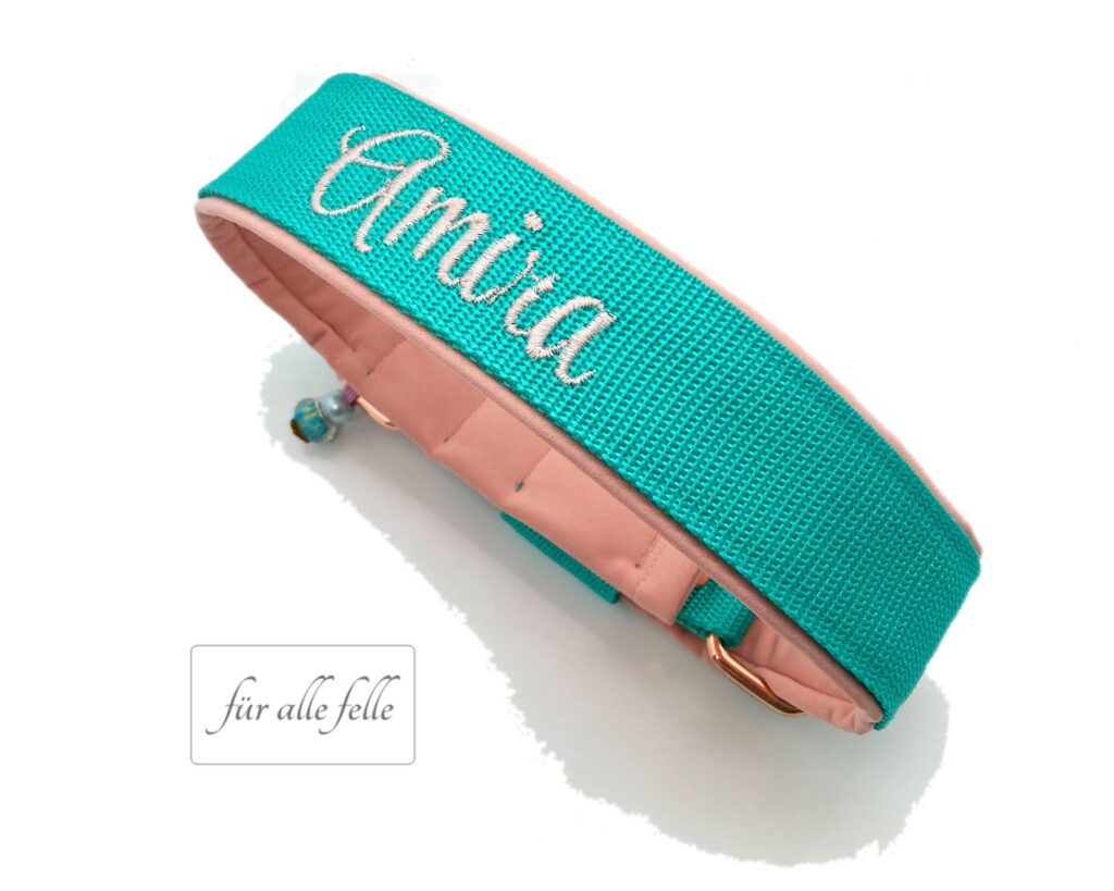 Hundehalsband mit Namen: 'von Amira ' Individuell gestickt auf türkises Gurtband in beige Schrift, handgefertigt von 'Für alle Felle'.