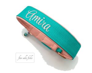Hundehalsband mit Namen: 'von Amira ' Individuell gestickt auf türkises Gurtband in beige Schrift, handgefertigt von 'Für alle Felle'.