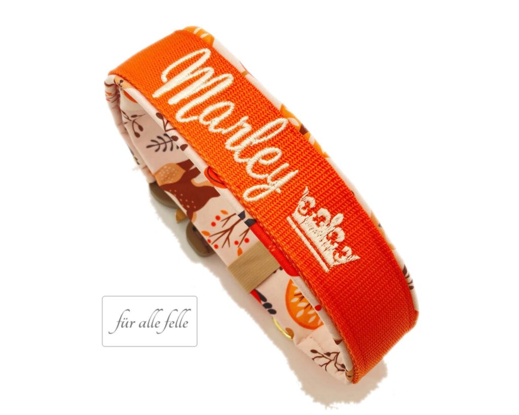 Hundehalsband mit Namen: 'Marley ' Individuell gestickt auf orangen Gurtband in weißen Schrift, handgefertigt von 'Für alle Felle'.