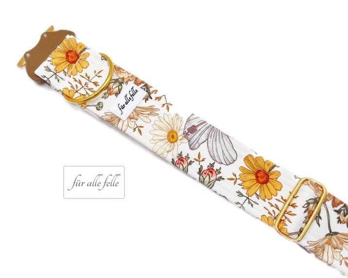 Softshellhalsband Blumen beige Softshell in 50mm Breite Cobraschnalle Für alle Felle