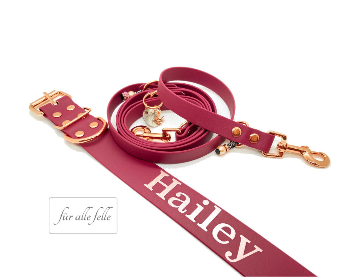 Individuelle dunkelbraune BioThane®-Hundeleine mit 'Aussie Liebe' Gravur und stilvollen Kupferbeschlägen, handgefertigt von 'Für alle Felle'.