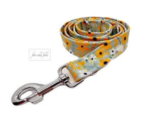 Luxus Hundeleine aus Softshell mit Lieblingsgelb Muster und Silber Karabinerhacken von 'für alle Felle'