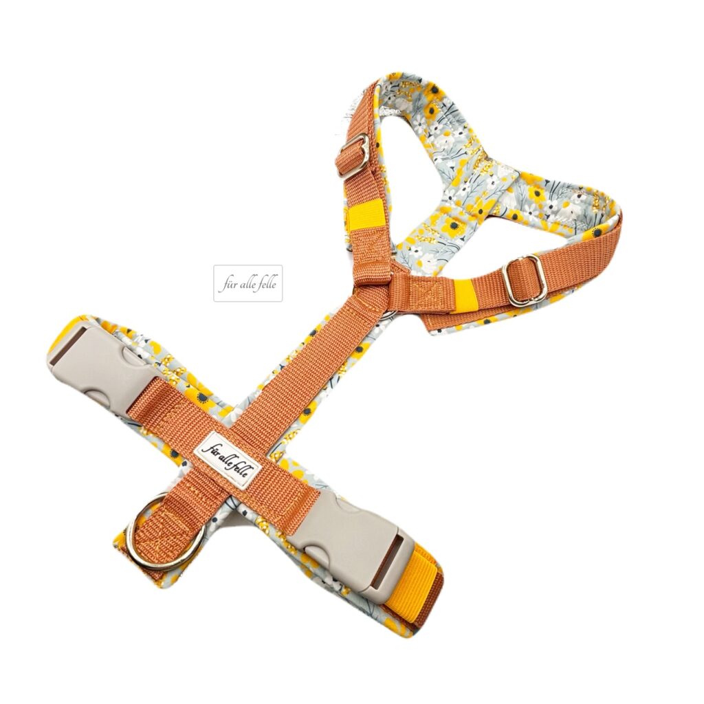 Brustgeschirr in der Größe M, hellbraunem Gurtband und Softshellunterlegung im Stoff "Lieblingsgelb".
