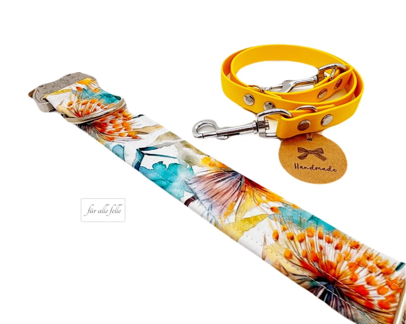 Handgefertigtes Hundeset: Softshell-Halsband mit Pusteblumen-Muster und Cobra-Schnalle, dazu passende gelbe Biothane-Leine von fuerallefelle.net
