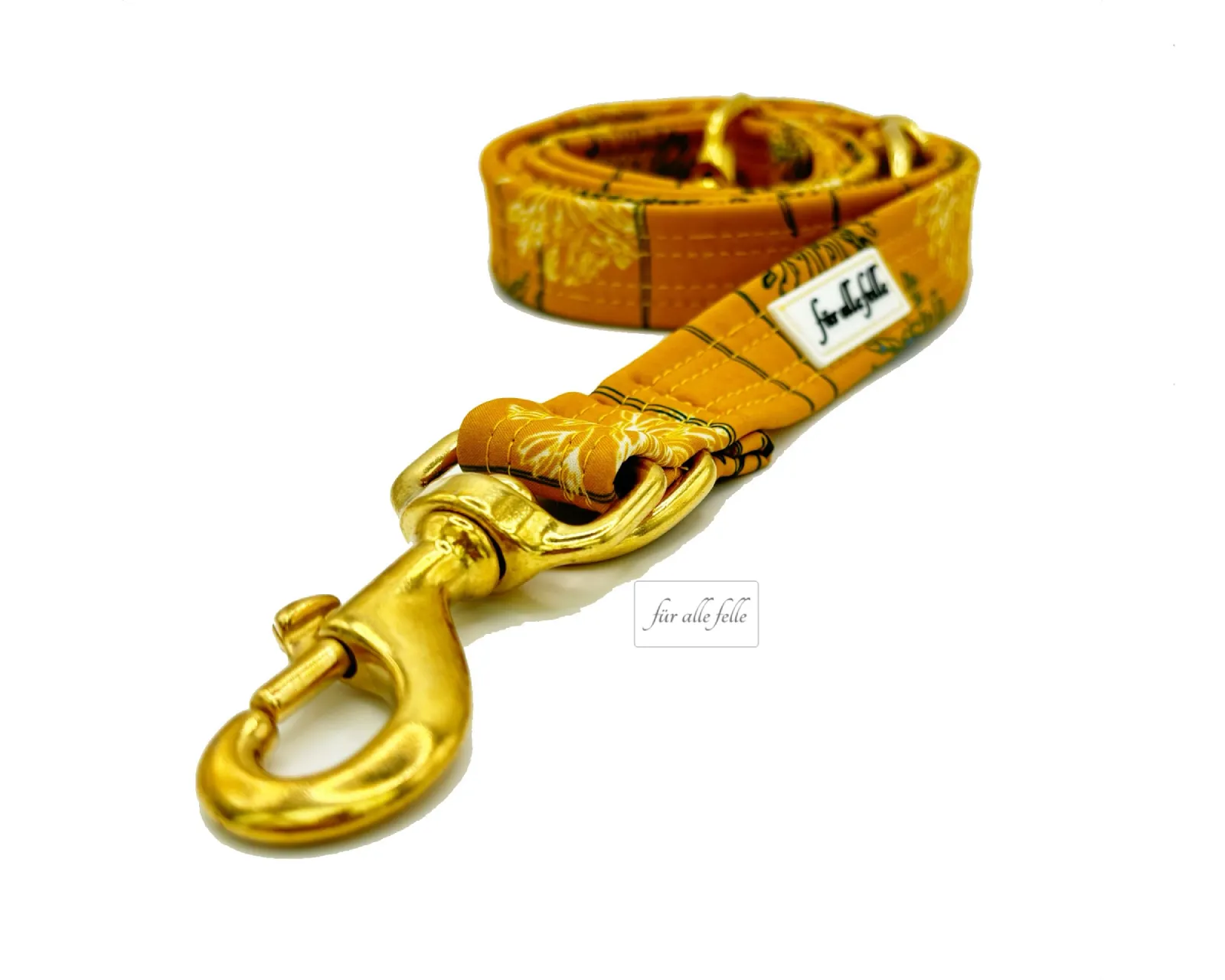 Softshell Hundeleine mit gelber Pusteblume Muster und massiv Messing Karabiner fürallefelle.net